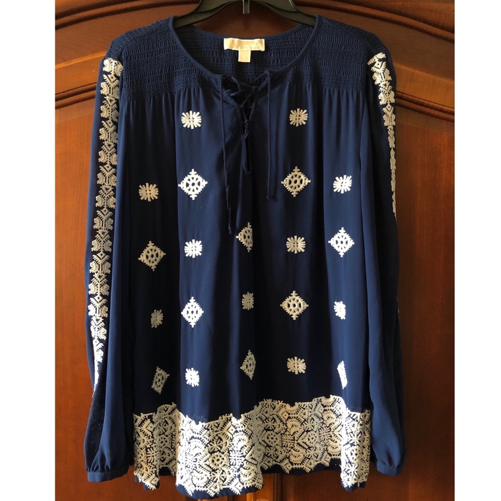 Michael Kors sheer navy embroidered blouse size M